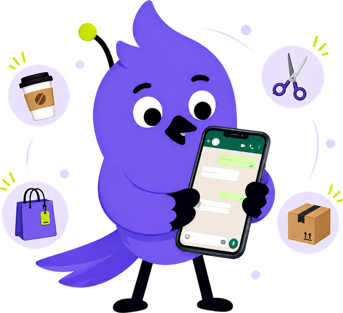 La mascota de Spoki con un m&oacute;vil mostrando una conversaci&oacute;n de WhatsApp