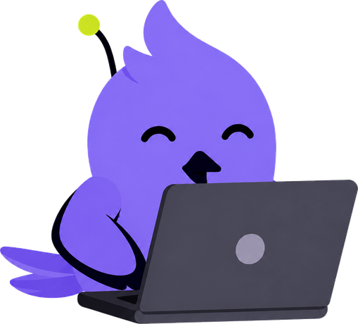 Mascota de Spoki trabajando con el portátil
